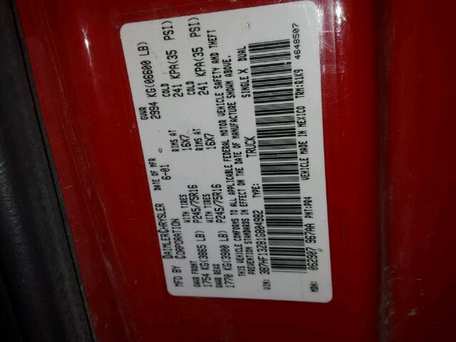 3B7HF13Z81G804982 - 2001 DODGE RAM 1500 RED photo 10