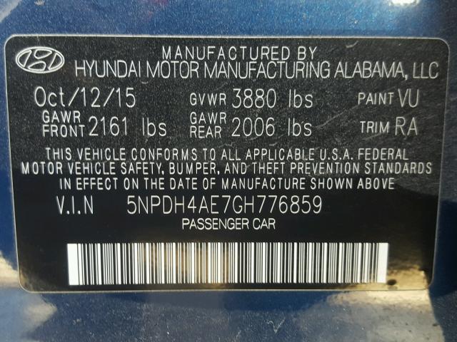 5NPDH4AE7GH776859 - 2016 HYUNDAI ELANTRA SE BLUE photo 10