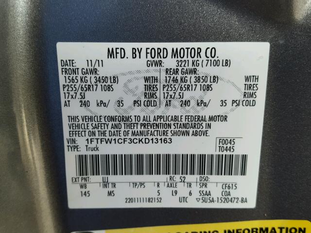 1FTFW1CF3CKD13163 - 2012 FORD F150 SUPER GRAY photo 10