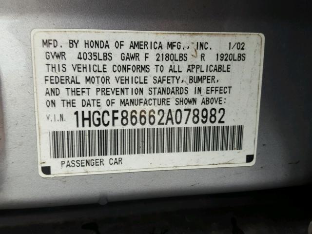 1HGCF86662A078982 - 2002 HONDA ACCORD VAL SILVER photo 10