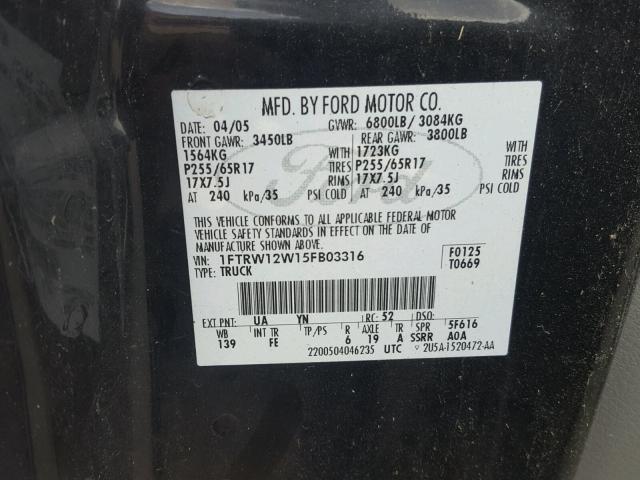 1FTRW12W15FB03316 - 2005 FORD F150 SUPER BLACK photo 10