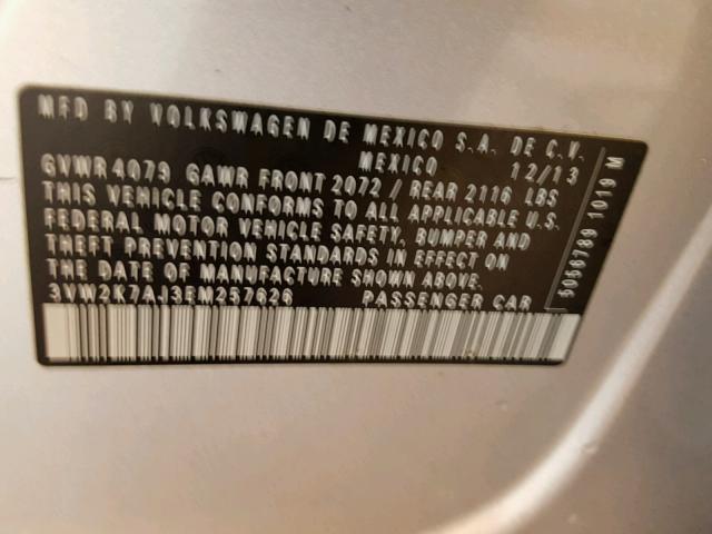 3VW2K7AJ3EM257626 - 2014 VOLKSWAGEN JETTA BASE SILVER photo 10