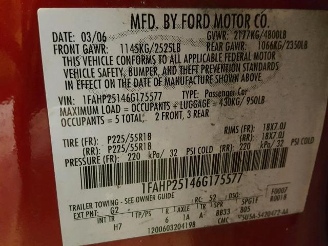 1FAHP25146G175577 - 2006 FORD FIVE HUNDR BURGUNDY photo 10