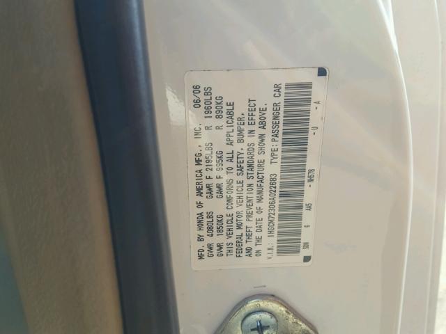 1HGCM72306A022683 - 2006 HONDA ACCORD LX WHITE photo 10