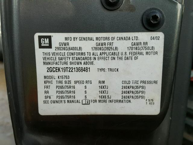 2GCEK19T221368481 - 2002 CHEVROLET SILVERADO GRAY photo 10