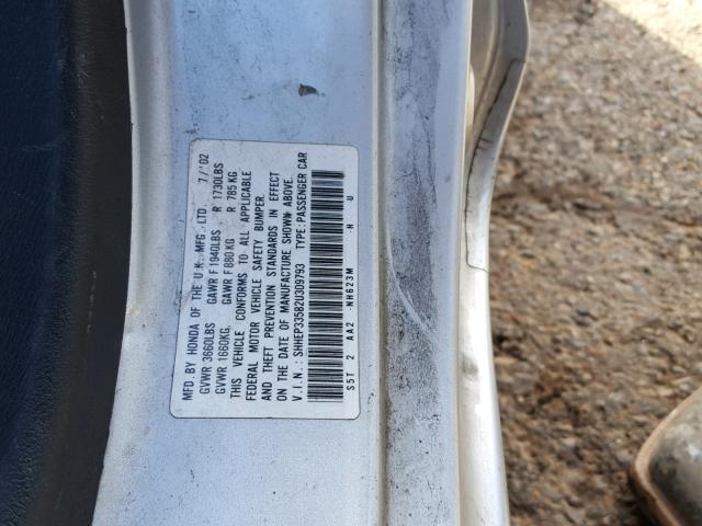 SHHEP33582U309793 - 2002 HONDA CIVIC SI SILVER photo 10