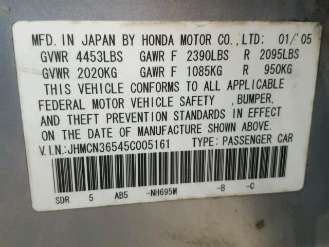 JHMCN36545C005161 - 2005 HONDA ACCORD HYB SILVER photo 10