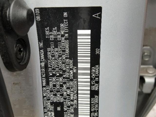 2T2BK1BA7AC025561 - 2010 LEXUS RX 350 SILVER photo 10