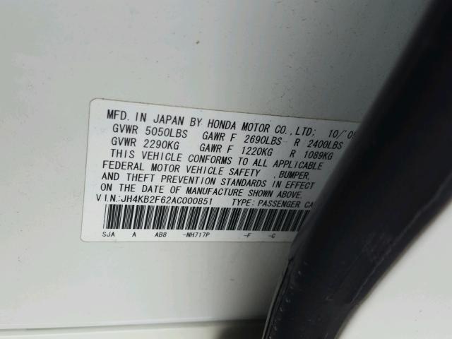 JH4KB2F62AC000851 - 2010 ACURA RL CREAM photo 10