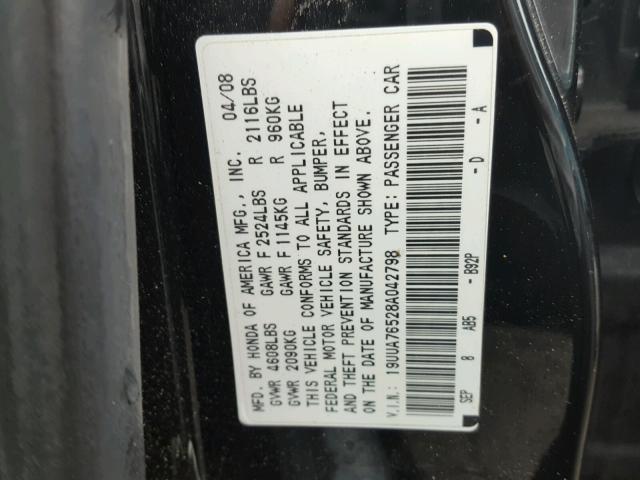 19UUA76528A042798 - 2008 ACURA TL TYPE S BLACK photo 10