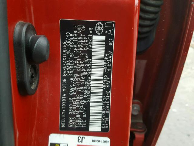 2T1BU4EE2AC467324 - 2010 TOYOTA COROLLA BA RED photo 10