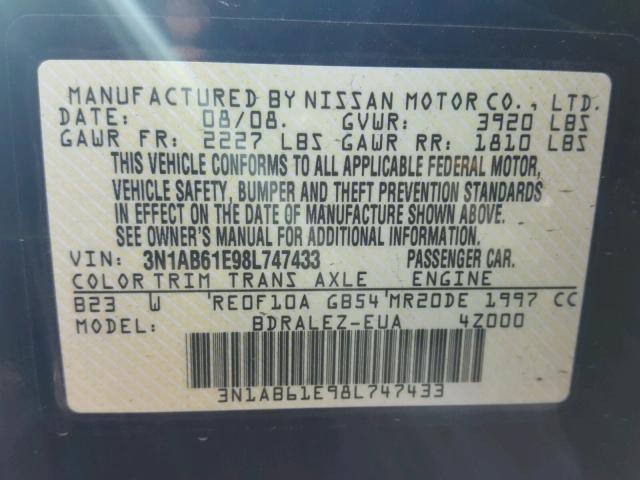 3N1AB61E98L747433 - 2008 NISSAN SENTRA 2.0 BLUE photo 10