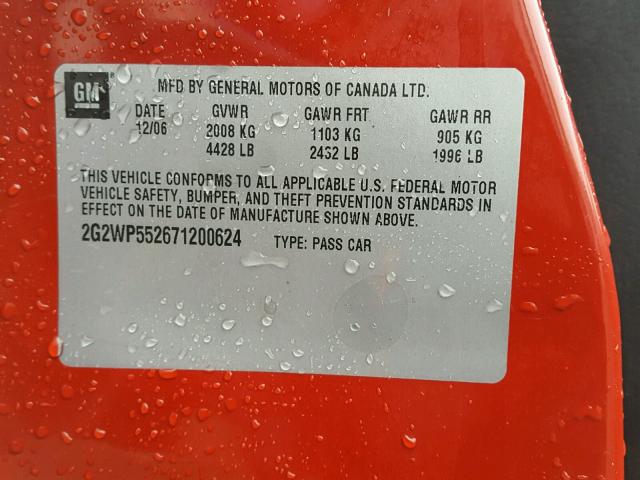 2G2WP552671200624 - 2007 PONTIAC GRAND PRIX RED photo 10