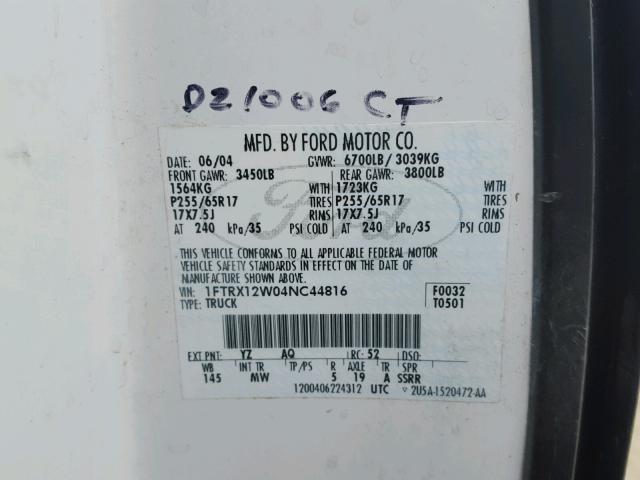1FTRX12W04NC44816 - 2004 FORD F150 თეთრი ფოტო 10