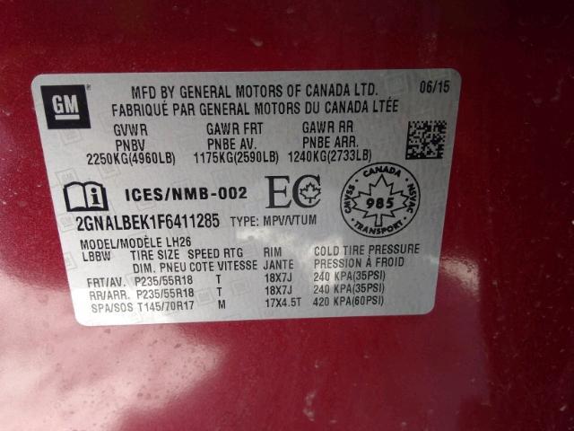 2GNALBEK1F6411285 - 2015 CHEVROLET EQUINOX LT RED photo 9