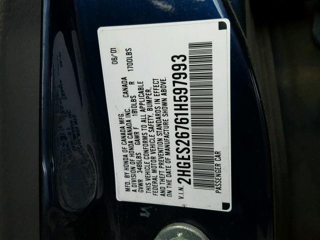 2HGES26761H597993 - 2001 HONDA CIVIC EX BLUE photo 10