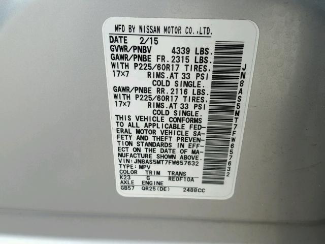 JN8AS5MT7FW657632 - 2015 NISSAN ROGUE SELE SILVER photo 10