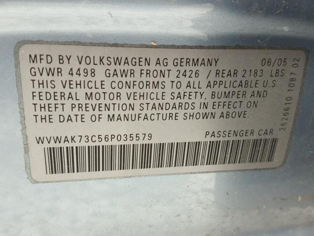 WVWAK73C56P035579 - 2006 VOLKSWAGEN PASSAT 2.0 BLUE photo 10