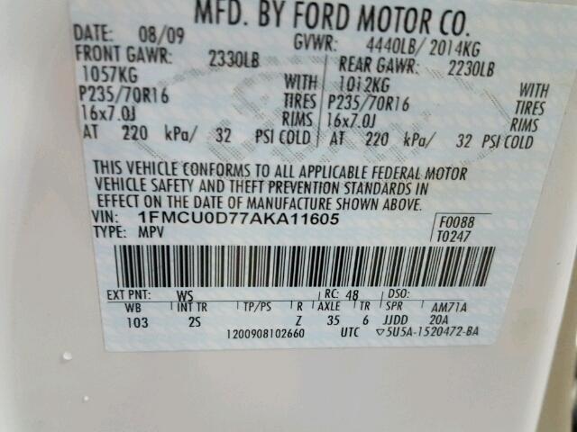 1FMCU0D77AKA11605 - 2010 FORD ESCAPE XLT WHITE photo 10