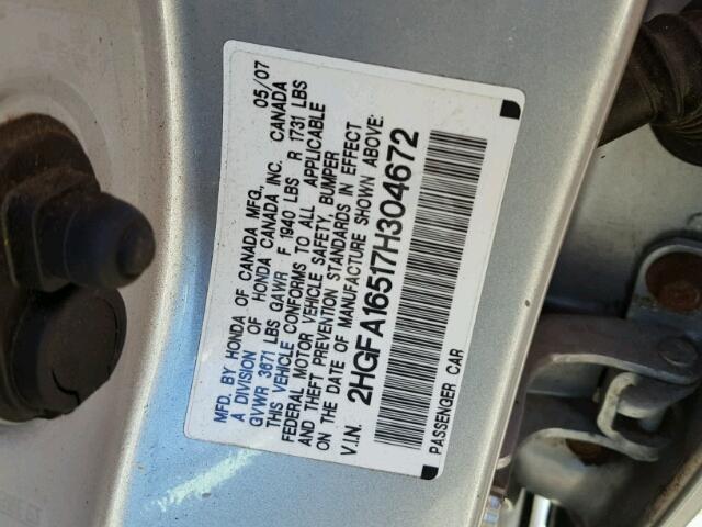 2HGFA16517H304672 - 2007 HONDA CIVIC LX SILVER photo 10