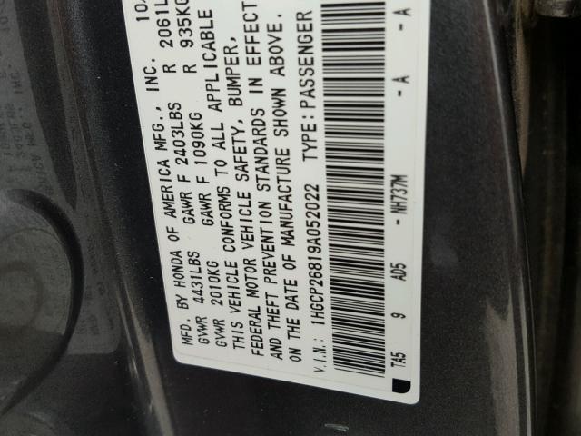 1HGCP26819A052022 - 2009 HONDA ACCORD EXL GRAY photo 10