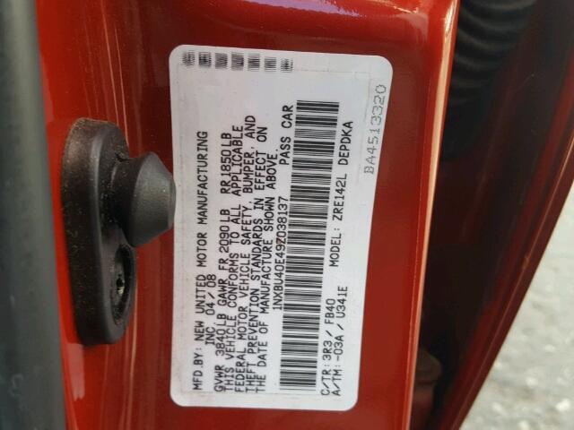 1NXBU40E49Z038137 - 2009 TOYOTA COROLLA BA RED photo 10