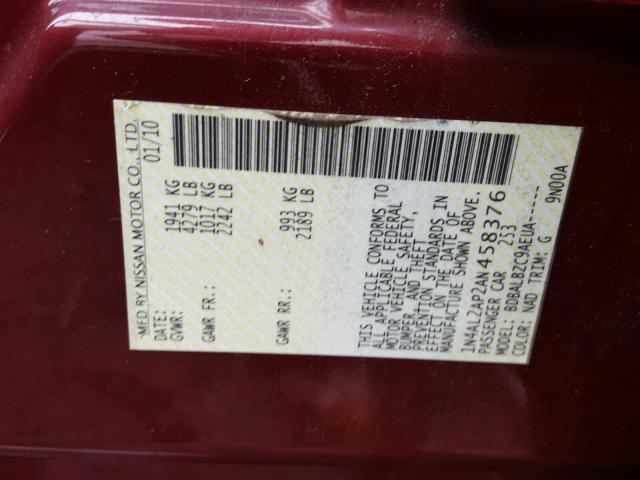 1N4AL2AP2AN458376 - 2010 NISSAN ALTIMA BAS MAROON photo 10