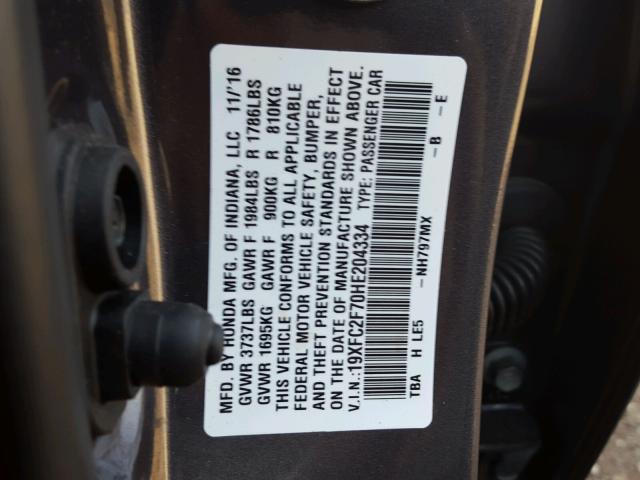 19XFC2F70HE204334 - 2017 HONDA CIVIC EX ნაცრისფერი ფოტო 10