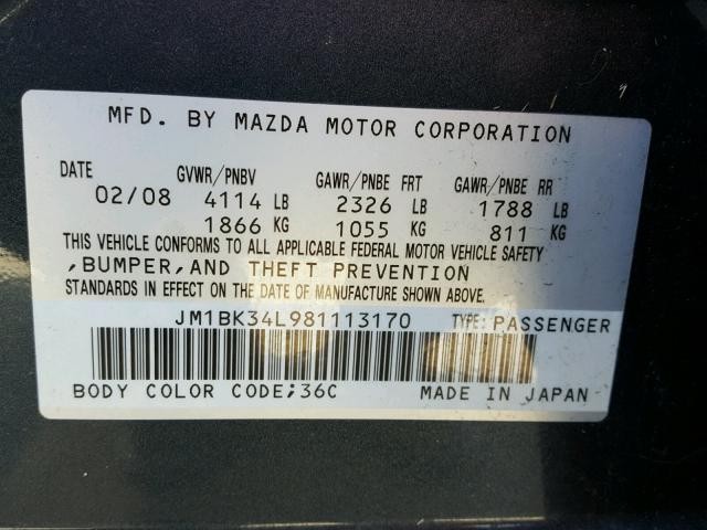 JM1BK34L981113170 - 2008 MAZDA SPEED 3 GRAY photo 10
