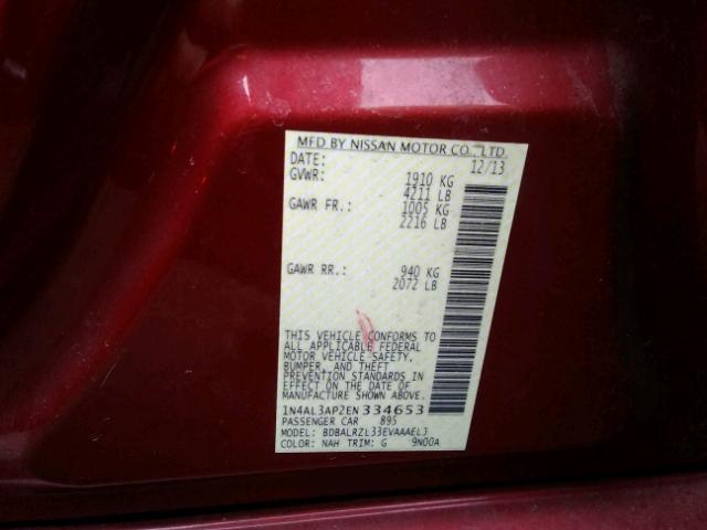 1N4AL3AP2EN334653 - 2014 NISSAN ALTIMA 2.5 RED photo 10