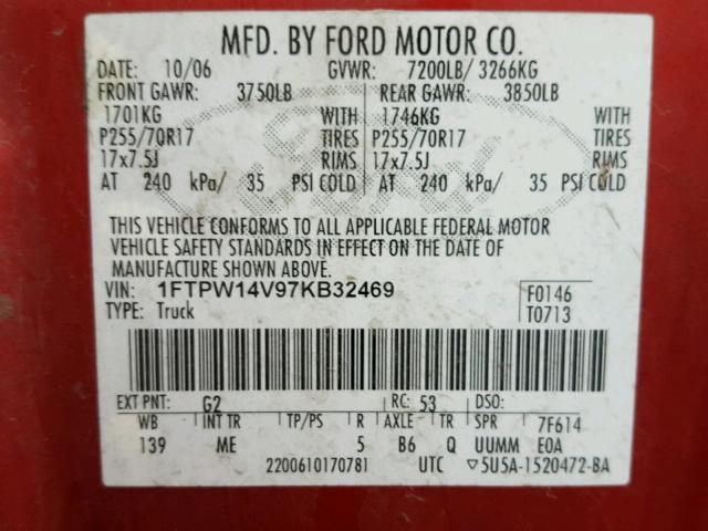 1FTPW14V97KB32469 - 2007 FORD F150 SUPER RED photo 10