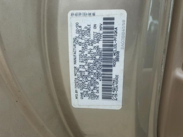 4T3ZF13C6YU258807 - 2000 TOYOTA SIENNA LE GOLD photo 10