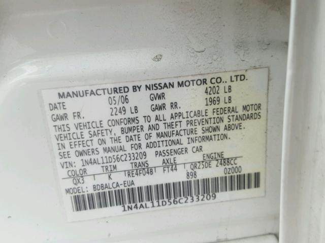 1N4AL11D56C233209 - 2006 NISSAN ALTIMA S WHITE photo 10