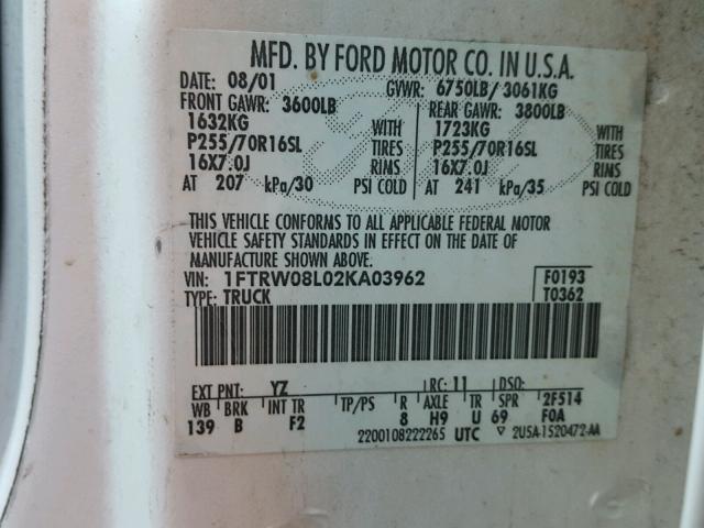 1FTRW08L02KA03962 - 2002 FORD F150 SUPER WHITE photo 10