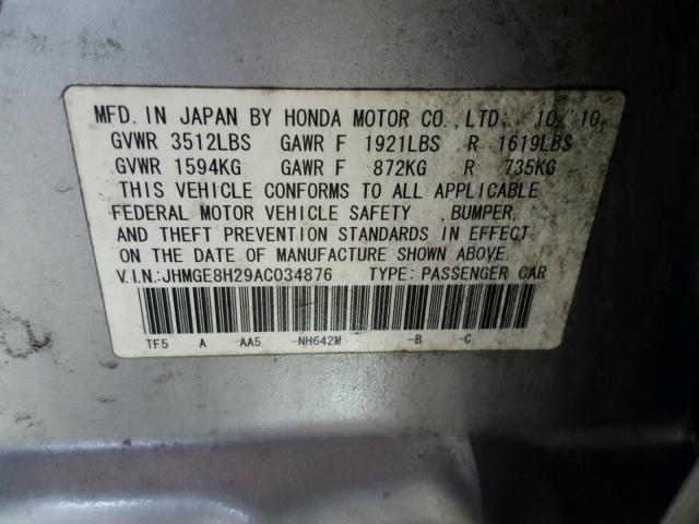 JHMGE8H29AC034876 - 2010 HONDA FIT SILVER photo 10