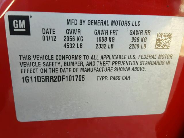 1G11D5RR2DF101706 - 2013 CHEVROLET MALIBU 1LT RED photo 10