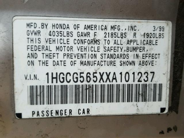 1HGCG565XXA101237 - 1999 HONDA ACCORD EX SILVER photo 10