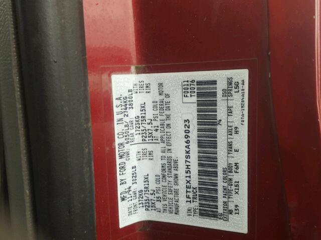 1FTEX15H7SKA69023 - 1995 FORD F150 RED photo 10