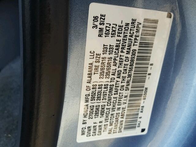 5FNRL38766B089309 - 2006 HONDA ODYSSEY EX BLUE photo 10