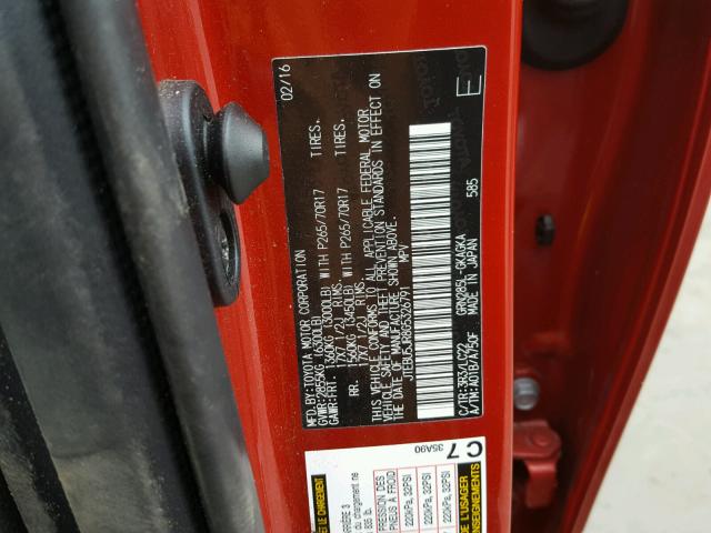 JTEBU5JR8G5326791 - 2016 TOYOTA 4RUNNER SR RED photo 10