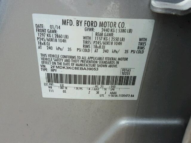 2FMDK3KC8EBA39053 - 2014 FORD EDGE LIMIT SILVER photo 10