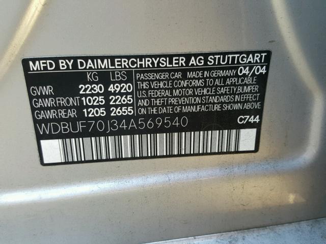 WDBUF70J34A569540 - 2004 MERCEDES-BENZ E 500 SILVER photo 10