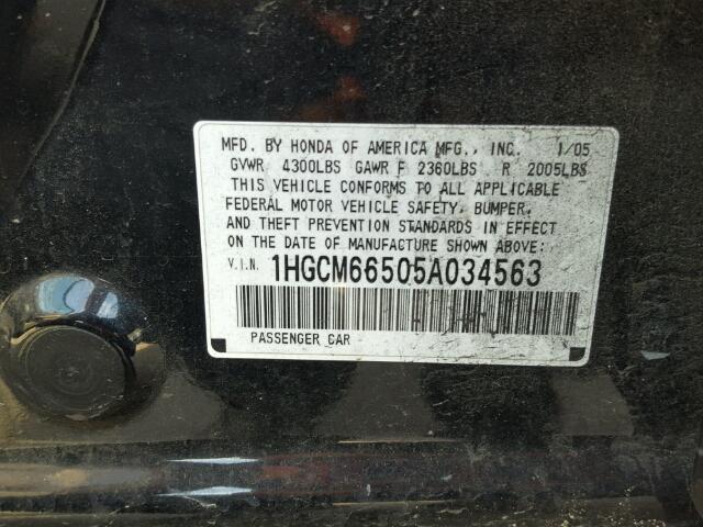 1HGCM66505A034563 - 2005 HONDA ACCORD EX BLACK photo 10