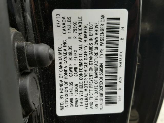 2HGFB2F5XDH568584 - 2013 HONDA CIVIC LX BLACK photo 10