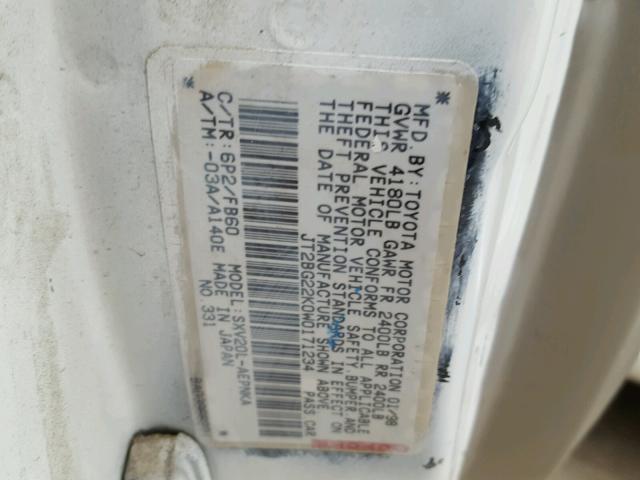 JT2BG22K0W0171234 - 1998 TOYOTA CAMRY CE WHITE photo 10