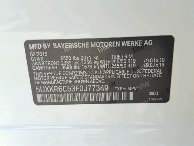 5UXKR6C53F0J77349 - 2015 BMW X5 XDRIVE5 WHITE photo 10