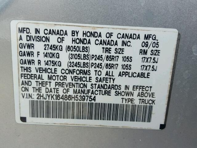 2HJYK16486H539754 - 2006 HONDA RIDGELINE SILVER photo 10