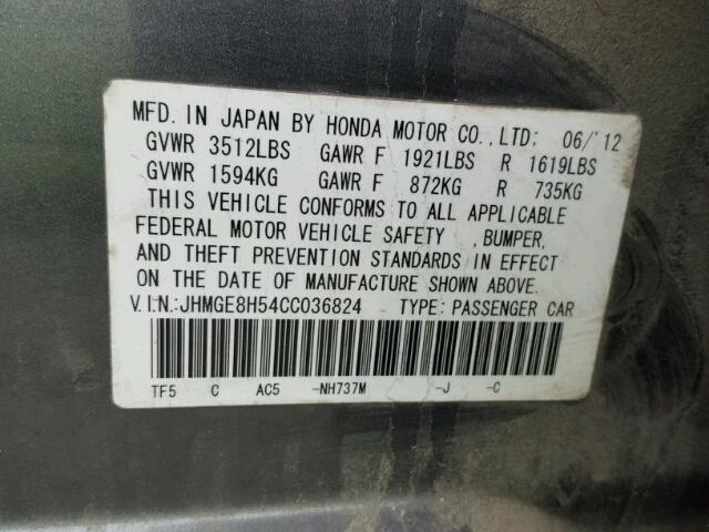 JHMGE8H54CC036824 - 2012 HONDA FIT SPORT GRAY photo 10