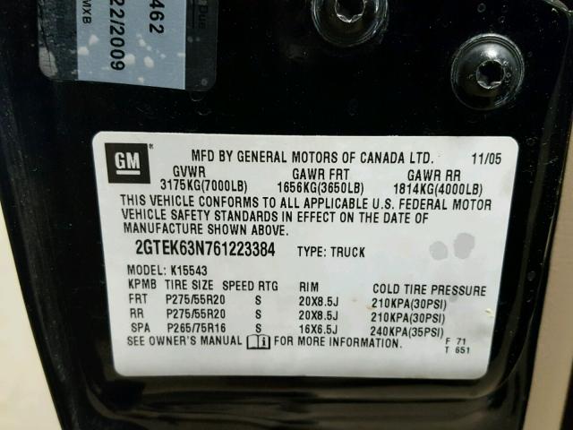 2GTEK63N761223384 - 2006 GMC SIERRA K15 BLACK photo 10