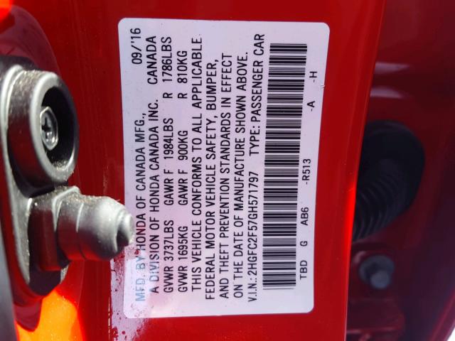 2HGFC2F57GH571797 - 2016 HONDA CIVIC LX RED photo 10